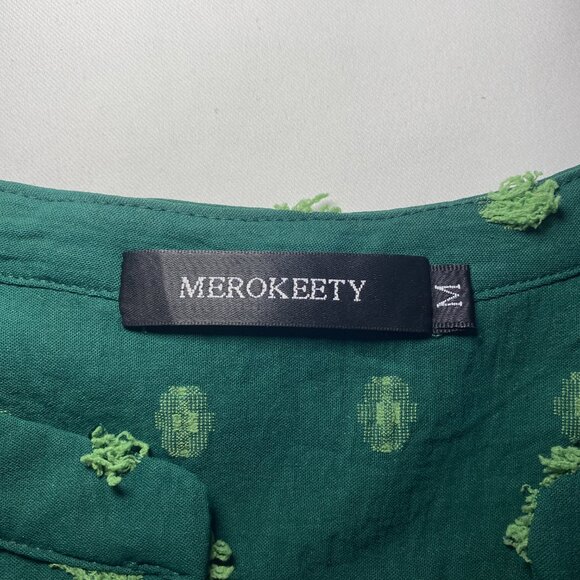 Merokeety Green Pom Pom Womens M Short Flutter Sleeve Blouse Tunic V-Neck EUC - Picture 3 of 8